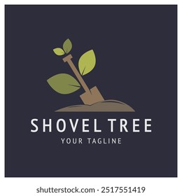 Shovel logo for agriculture, excavation,building, mining foundation. gardening vector set design with leaves