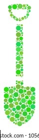 Shovel mosaic of filled circles in variable sizes and eco green color tones. Vector circle elements are composed into shovel collage. Fresh vector illustration.