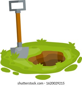 Shovel on green lawn. Digging hole in garden. bed and tool of farmer. Summer season. Cartoon flat illustration