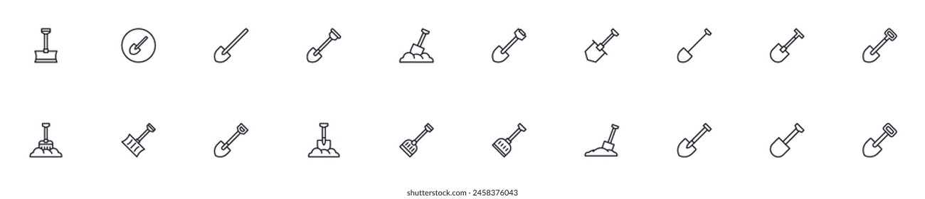 Shovel outline icons bundle. Editable stroke. Simple linear illustration for web sites, newspapers, articles book