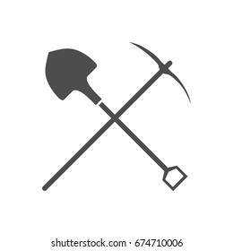 Shovel and pick axe simple icon. Construction tools. Monochrome illustration.