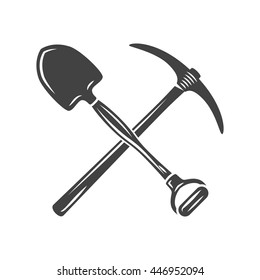 Shovel and pickaxe crossed. Black on white flat vector illustration, logo element isolated on white background