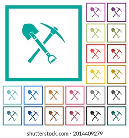 shovel and pickaxe flat color icons with quadrant frames on white background