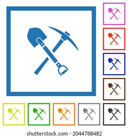shovel and pickaxe flat color icons in square frames on white background