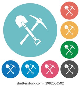 shovel and pickaxe flat white icons on round color backgrounds