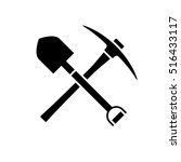 Shovel and pickaxe icon. Black icon isolated on white background. Shovel and pick axe silhouette. Simple icon. Web site page and mobile app design vector element.