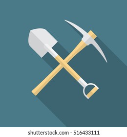 Shovel and pickaxe icon with long shadow. Flat design style. Shovel and pick axe silhouette. Simple icon. Modern flat icon in stylish colors. Web site page and mobile app design vector element.