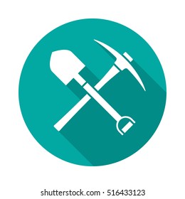 Shovel and pickaxe icon with long shadow. Flat design style. Round icon. Shovel and pick axe silhouette. Simple circle icon. Modern icon in stylish colors. Web site page vector element.