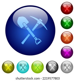 shovel and pickaxe icons on round glass buttons in multiple colors. Arranged layer structure