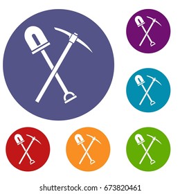 Shovel and pickaxe icons set in flat circle reb, blue and green color for web