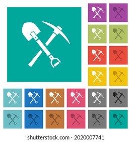 shovel and pickaxe multi colored flat icons on plain square backgrounds. Included white and darker icon variations for hover or active effects.