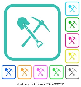 shovel and pickaxe vivid colored flat icons in curved borders on white background