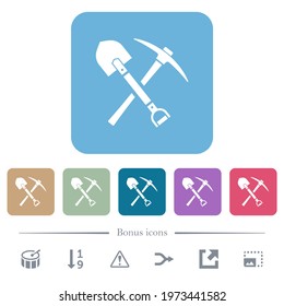 shovel and pickaxe white flat icons on color rounded square backgrounds. 6 bonus icons included