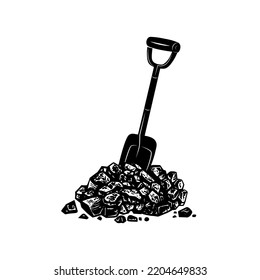 
Shovel in a pile of coal. Hand draw vector illustration. Isolated object on a white background. Coal mining sketch. svg