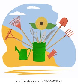 Shovel, pitchfork, chopper, rake, bucket, watering can, pdsolnuh - isolated on white background - art, vector. Set of spring garden work design elements.