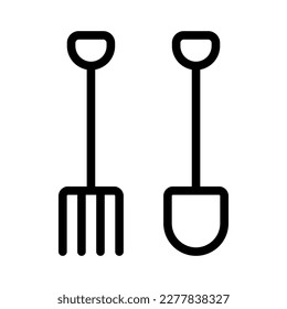 Shovel and pitchfork icon. Black contour linear silhouette. Front view. Editable strokes. Vector simple flat graphic illustration. Isolated object on a white background. Isolate.