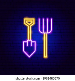Shovel Pitchfork Neon Sign. Vector Illustration of Garden Instruments Promotion.