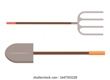 Shovel and pitchfork object for yelling earth, agricultural metal tool with wooden stick on white, farm instrument spade and hayfork, equipment vector