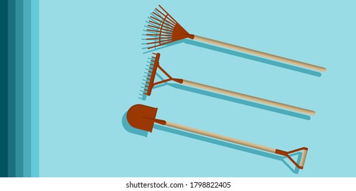 Shovel, pitchfork, red, with wooden handle - light background - vector. garden tools. Banner horizontal