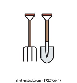 Shovel and pitchfork, simple gardening icon in trendy line style isolated on white background for web apps and mobile concept. Vector Illustration EPS10