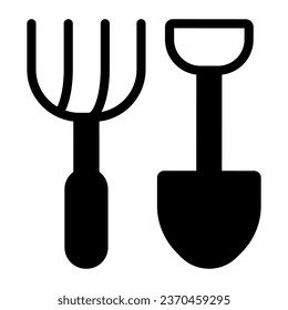 Icono sólido de palas y horquillas de cocina, concepto de jardín de granja, herramientas de jardín de fondo blanco, icono de pala y horquilla de cocina en estilo glifo para concepto móvil y diseño web. Gráficos vectoriales
