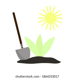 Shovel, plant, sun. Vector illustration.