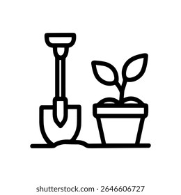 Shovel and potted plant imagery. Icon Symbol Illustration