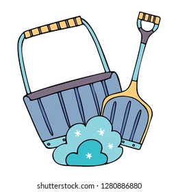 A shovel and a pusher with a snowdrift. Fine for ice and snow removal services promotion, articles abot de-icing equipment and snow clearing work.