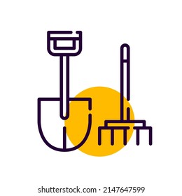 Shovel and rack farmer gardening tools. Harvesting symbols. Pixel perfect, editable stroke line icon