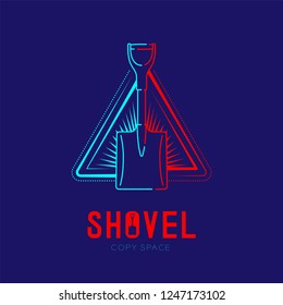 Shovel with radius in triangle frame logo icon outline stroke set dash line design illustration isolated on dark blue background with Shovel text and copy space
