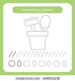 Shovel and rake in a bucket. Kids toys theme. Handwriting practice sheet. Vector illustration