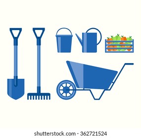 Shovel, rake, bucket, sprinkle and wheelbarrow and wooden box with apples for garden. Set for gardening. Flat vector illustration. Agricultural set. Garden icons. colorful vector illustration 