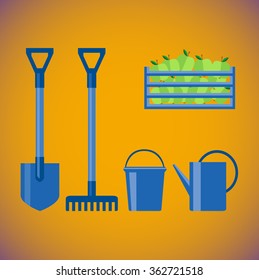 Shovel, rake, bucket, sprinkle and wooden box with apples for garden. Set for gardening. Flat vector illustration. Agricultural set. Garden icons. colorful vector illustration 