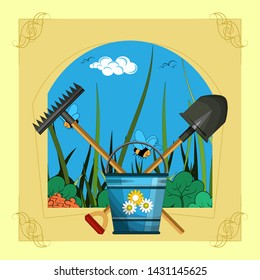 A shovel, a rake and a bucket of water against the background of garden plants in a vintage frame. Vector illustration