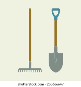 Shovel and rake. Colorful gardening tools. Flat design. Vector illustration.