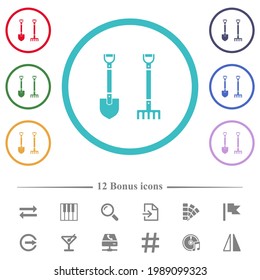 Shovel and rake flat color icons in circle shape outlines. 12 bonus icons included.