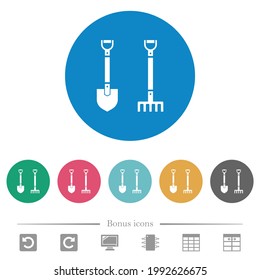 Shovel and rake flat white icons on round color backgrounds. 6 bonus icons included.