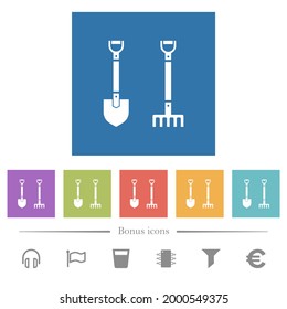 Shovel and rake flat white icons in square backgrounds. 6 bonus icons included.