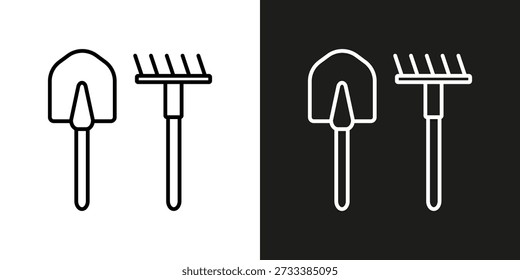 Pala y rastrillo, herramientas de jardín - icono de línea editable de Vector.