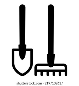 Shovel And Rake For Garden Work - Icon, Illustration On White Background, Glyph Style