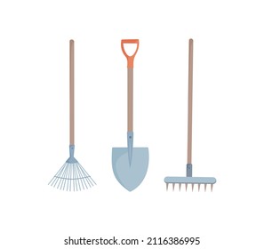Shovel and rake for gardening. A tool for digging and transplanting plants. A set of tools for planting. Working tool