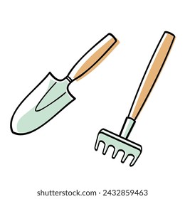 herramientas de jardinería de pala y rastrillo