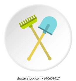 Shovel and rake icon in flat circle isolated vector illustration for web