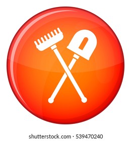 Shovel and rake icon in red circle isolated on white background vector illustration