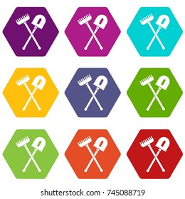Shovel and rake icon set many color hexahedron isolated on white vector illustration