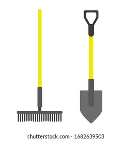 Shovel and rake icon or sign isolated on white background. Gardening tools design. Vector illustration.