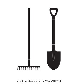 Shovel and rake icon or sign isolated on white background. Gardening tools design. Vector illustration.