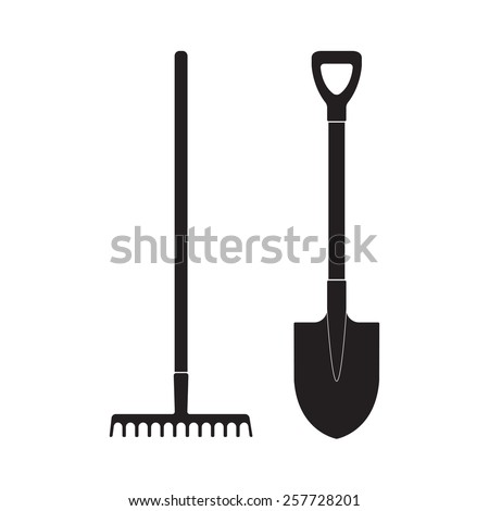 Shovel and rake icon or sign isolated on white background. Gardening tools design. Vector illustration.