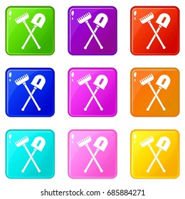 Shovel and rake icons of 9 color set isolated vector illustration