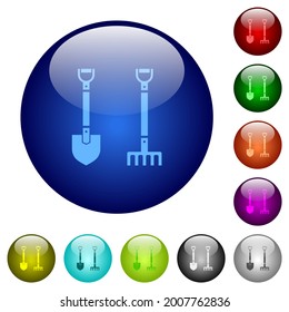 Shovel and rake icons on round glass buttons in multiple colors. Arranged layer structure